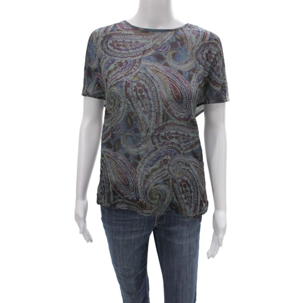 Luisa Cerano Womens Jersey Paisley T Shirt Gray Round Neck Sleeveless Size 8